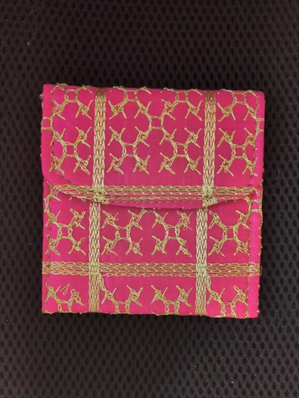 Pink Fabric Pouch with Traditional Gold Embroidered Pattern